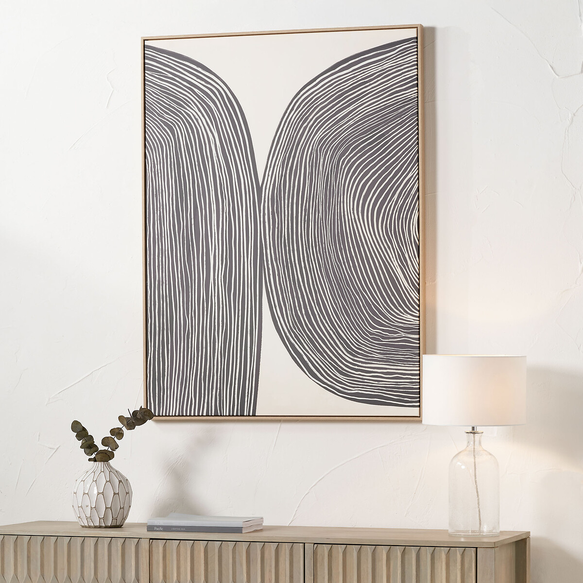 120x90cm Black and Cream Abstract Canvas with Natural Frame cream, SO'HOME