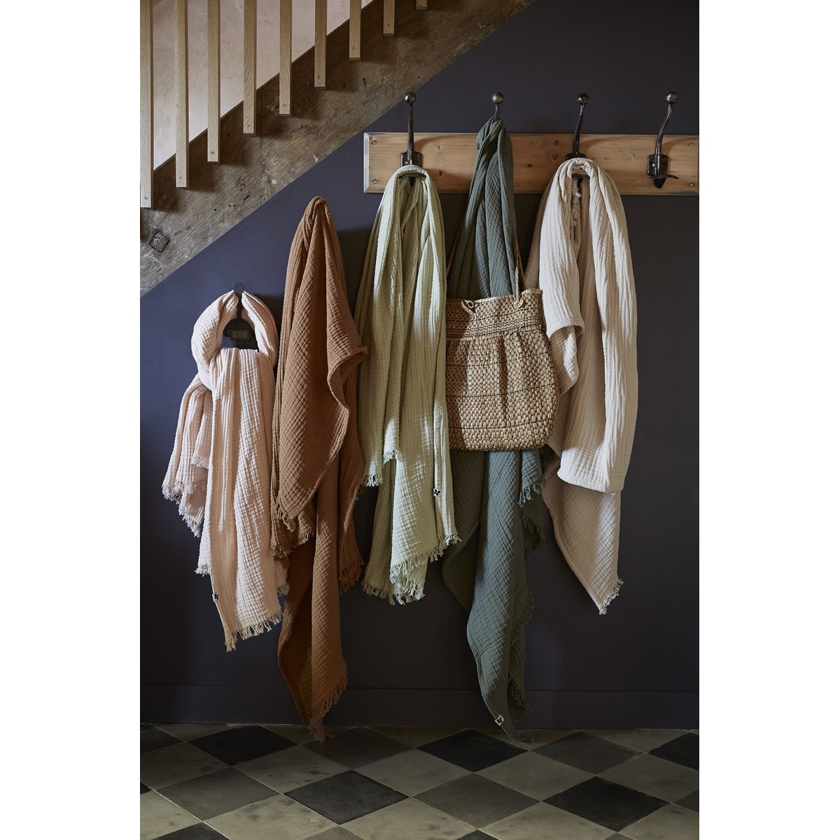 Plaid quadruple gaze de coton 180 x 220 cm Gaia vert d eau camel, EDEN