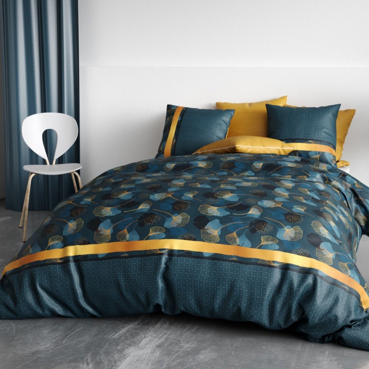 Housse de couette 240x220 GINKO + 2 taies coton 57 fils bleu, DECORATIE
