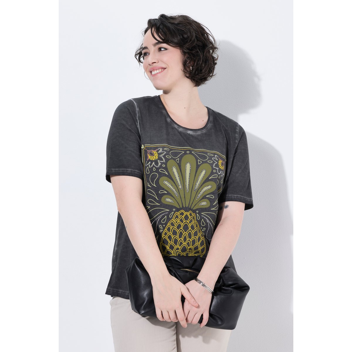 T-shirt, ananas, coupe classique, col rond gris graphite, ULLA POPKEN