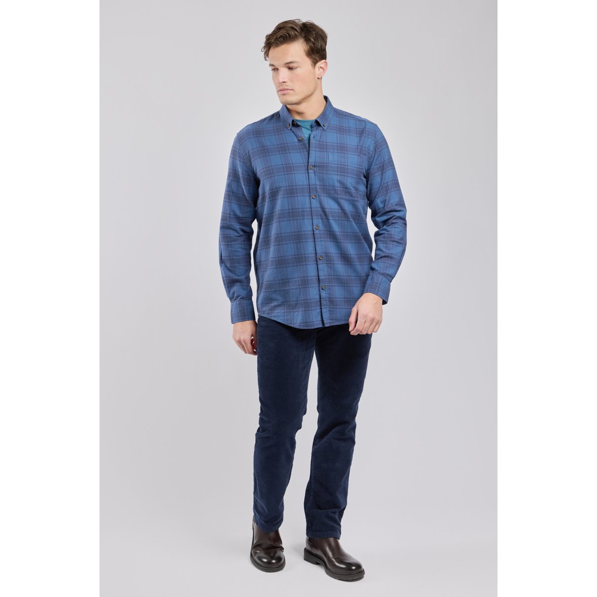 Chemise manches longues confort col boutonné carreaux bleu h26, ARMOR-LUX