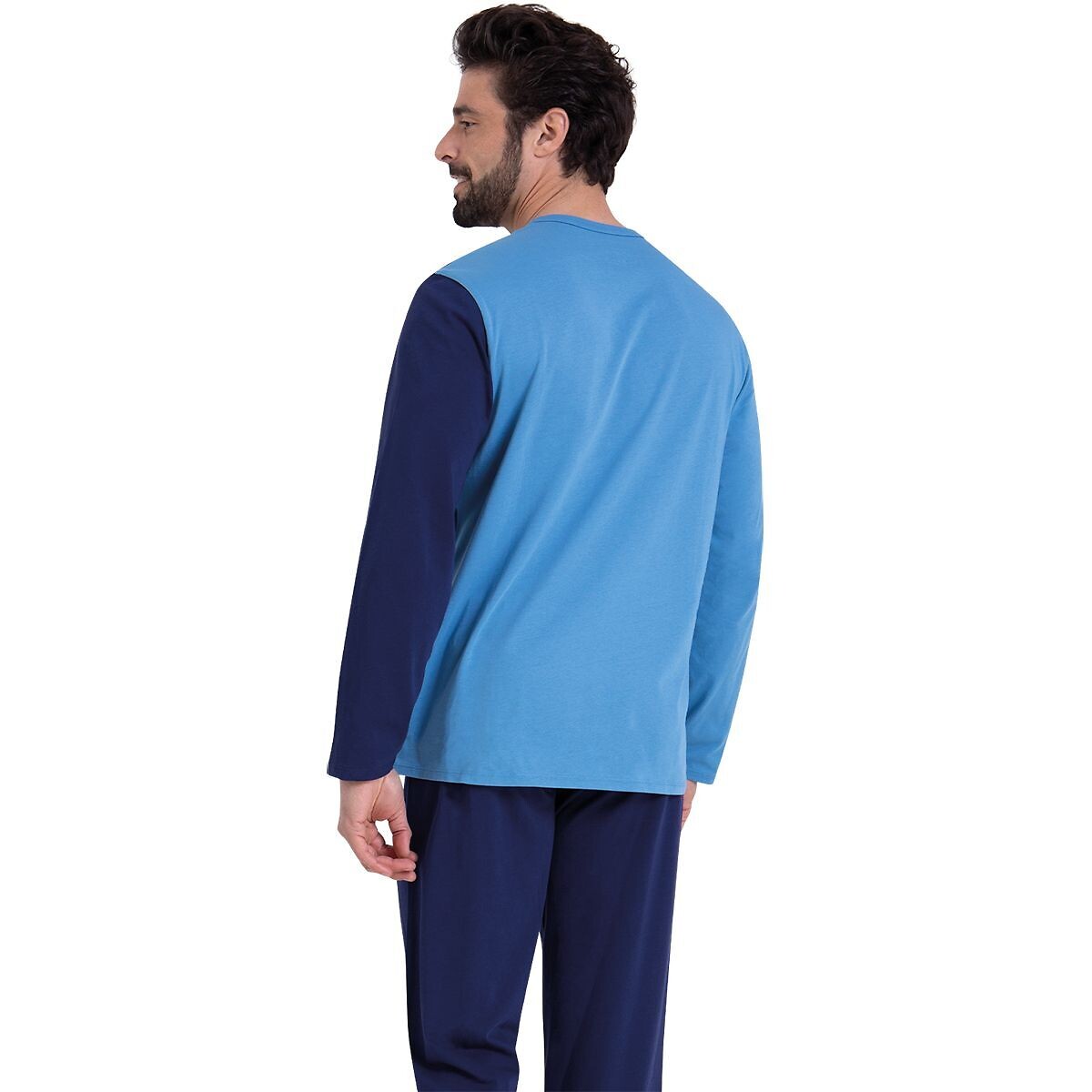 Pyjama long col chemise en coton jeans/bleu, ATHENA