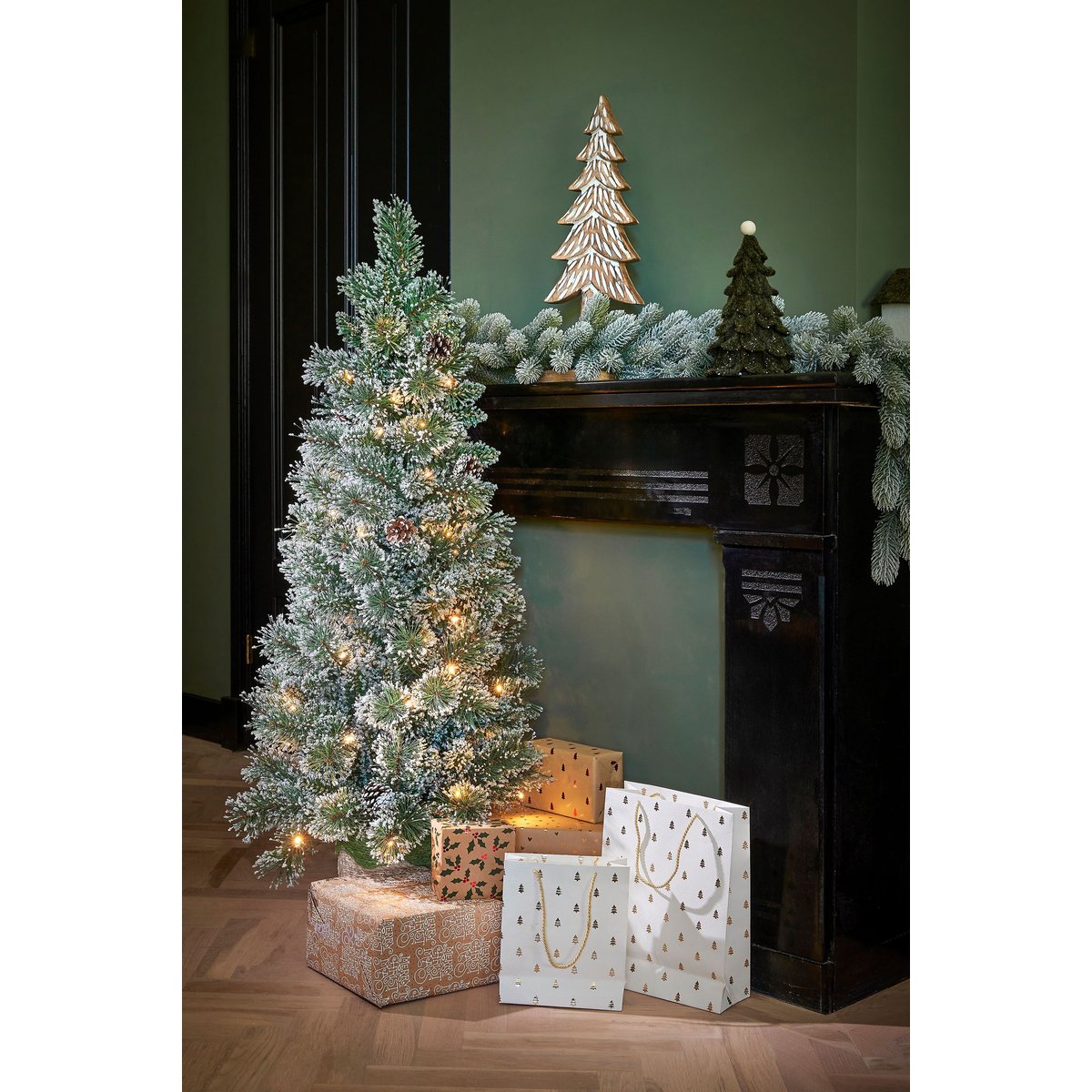 Sapin de Noël artificiel enneigé avec LED H90 cm VANDANS vert, BLACK BOX TREES