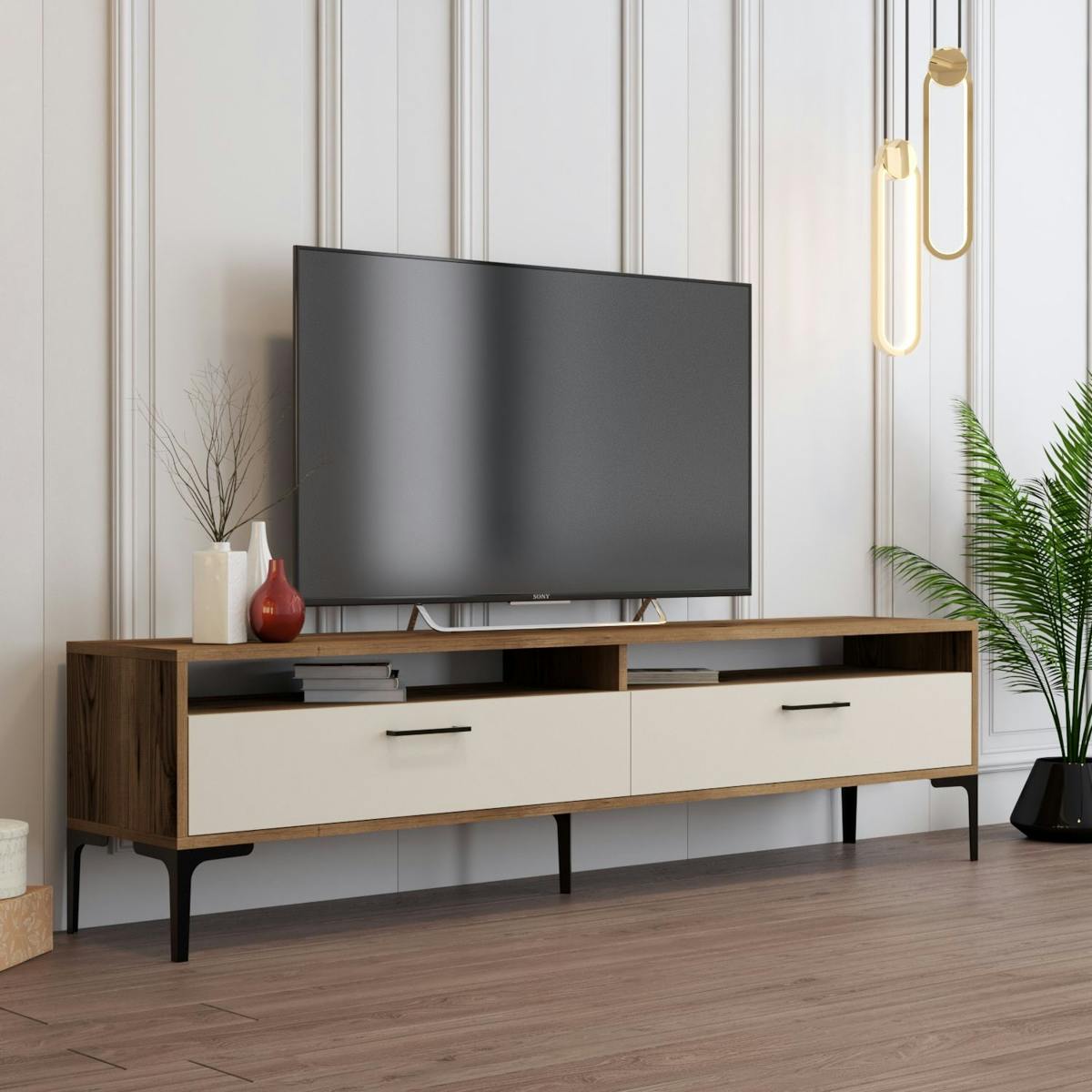 Meuble TV moderne décor bois foncé et portes crème JENA marron, PIER IMPORT