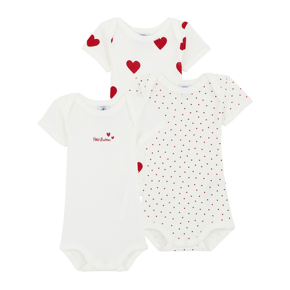 Pack of 3 Bodysuits with Short Sleeves heart print, PETIT BATEAU