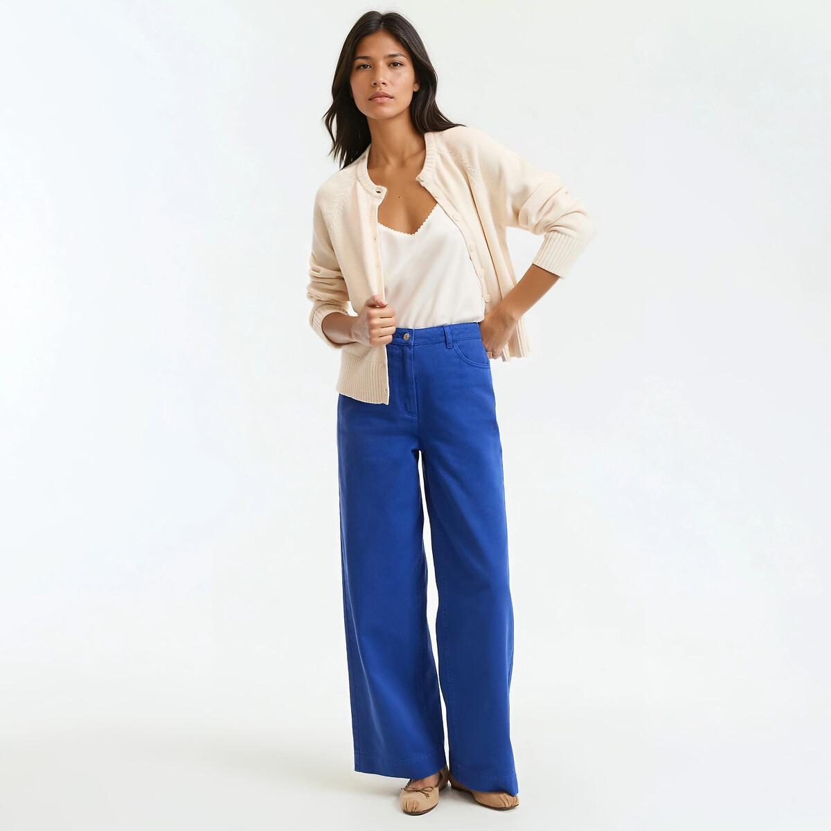 Pantalon large taille haute en twill de coton bleu électrique, LA REDOUTE COLLECTIONS