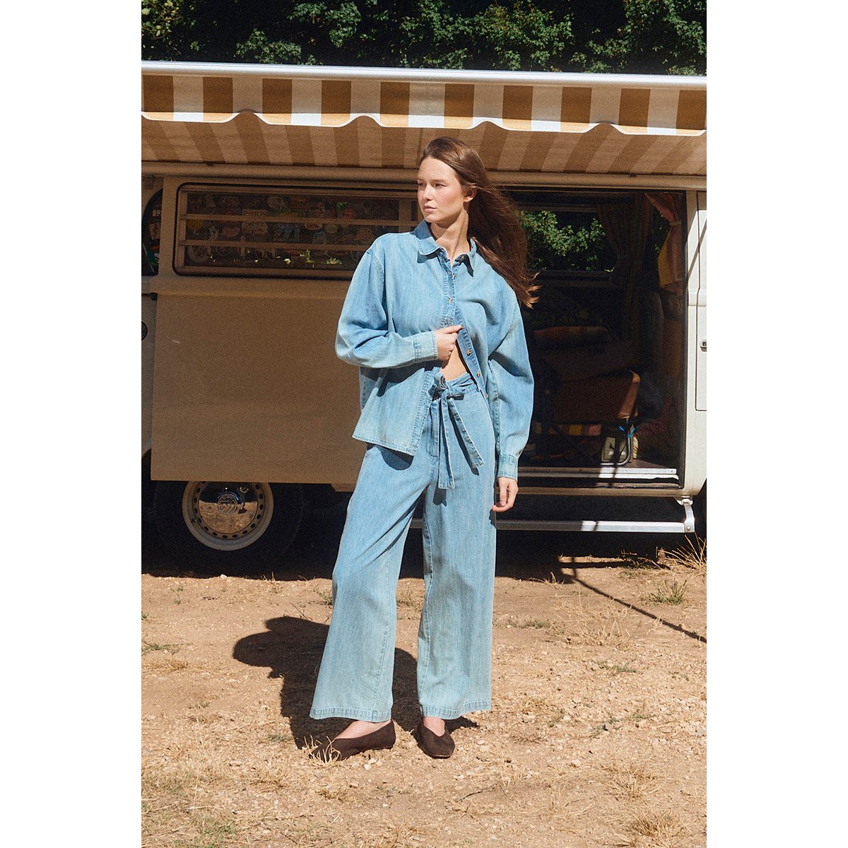 Pantalon taille haute, en coton bleu, MOLLY BRACKEN