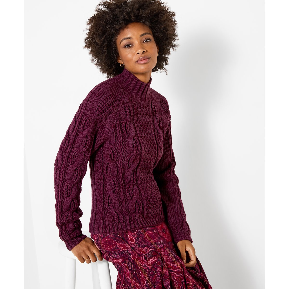 Pull à Col Montant en Maille Torsadée Freya violet, JOE BROWNS