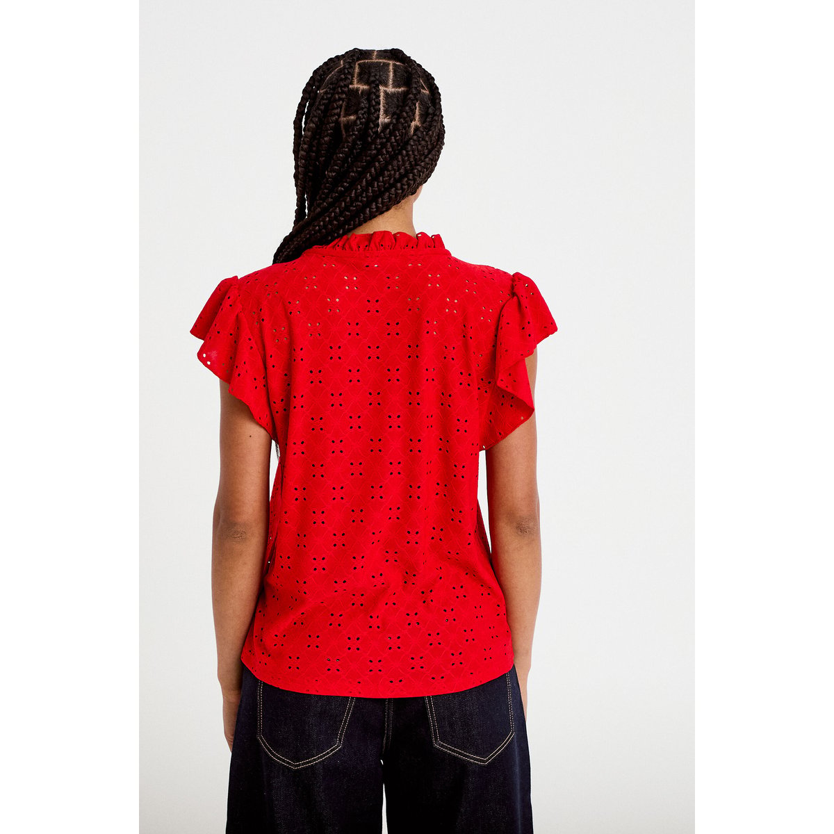 Blouse ajourée col v manches courtes rouge, CACHE CACHE