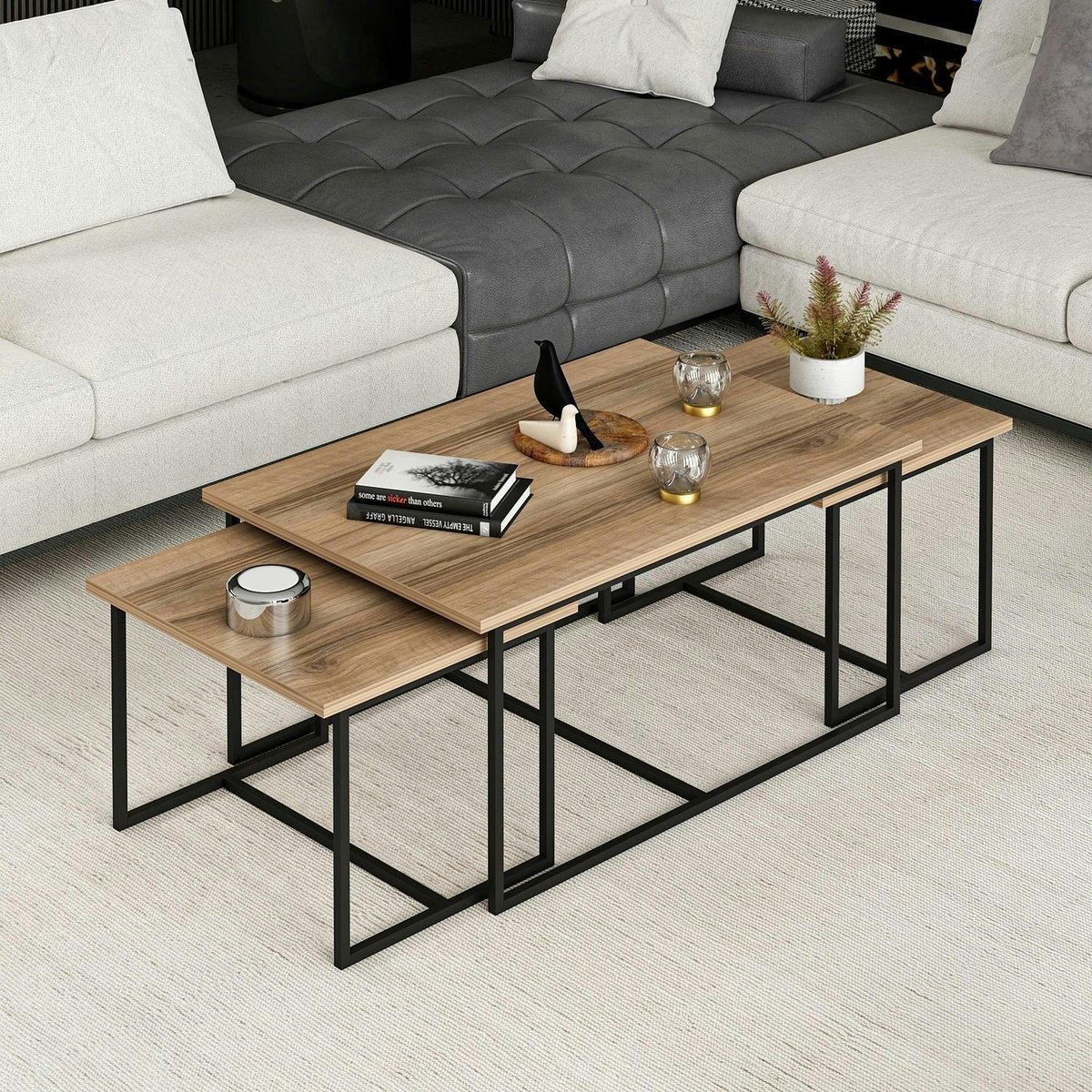Table basse gigogne minimaliste effet noyer (lot de 3) JENA bois naturel, PIER IMPORT