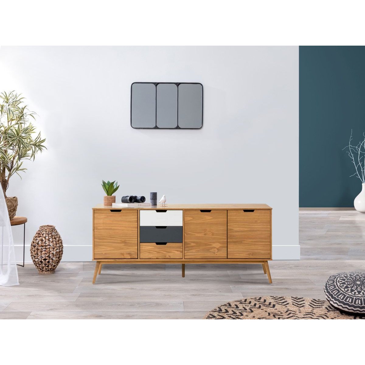 Buffet bas en bois massif 3 portes 3 tiroirs 171 cm, ALMA marron clair, BOBOCHIC