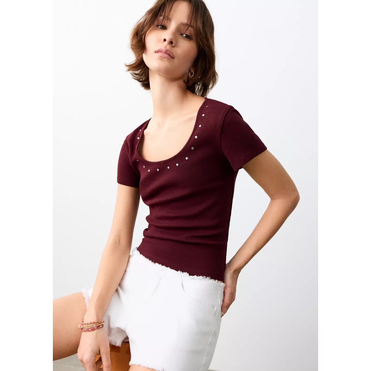 Short en jean détail effiloché blanc cassé, MANGO TEEN