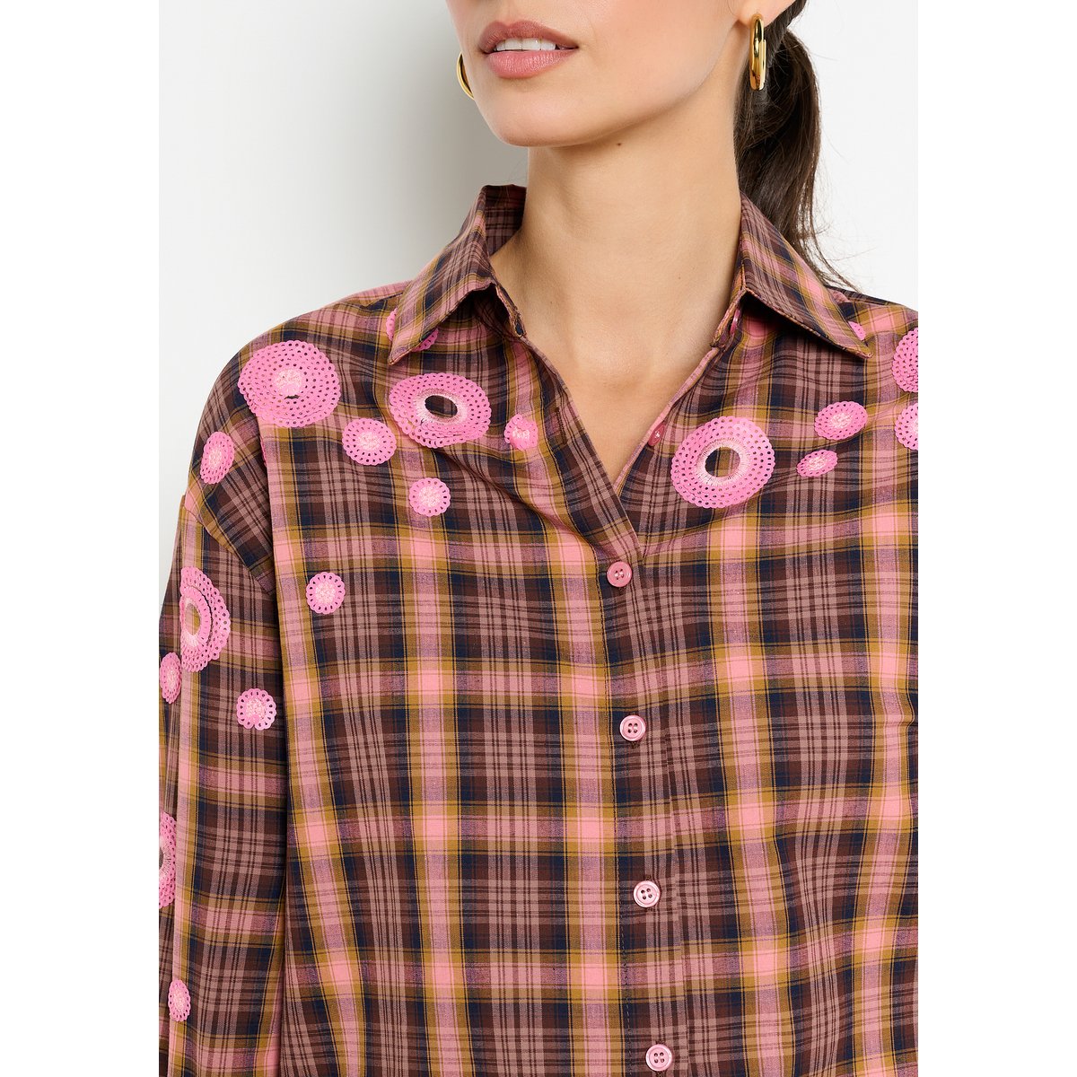 Chemise à carreaux brodée brun fonce chocolate, LOLALIZA