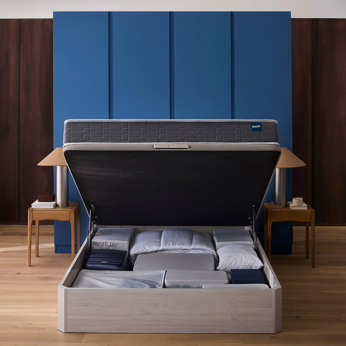 Ensemble matelas mousse BULTEX® et sommier lit coffre, Space Up chêne blanchi, BULTEX