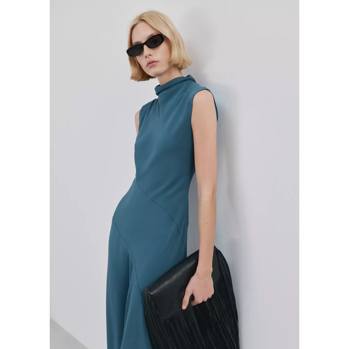 Robe longue à col drapé bleu, MANGO