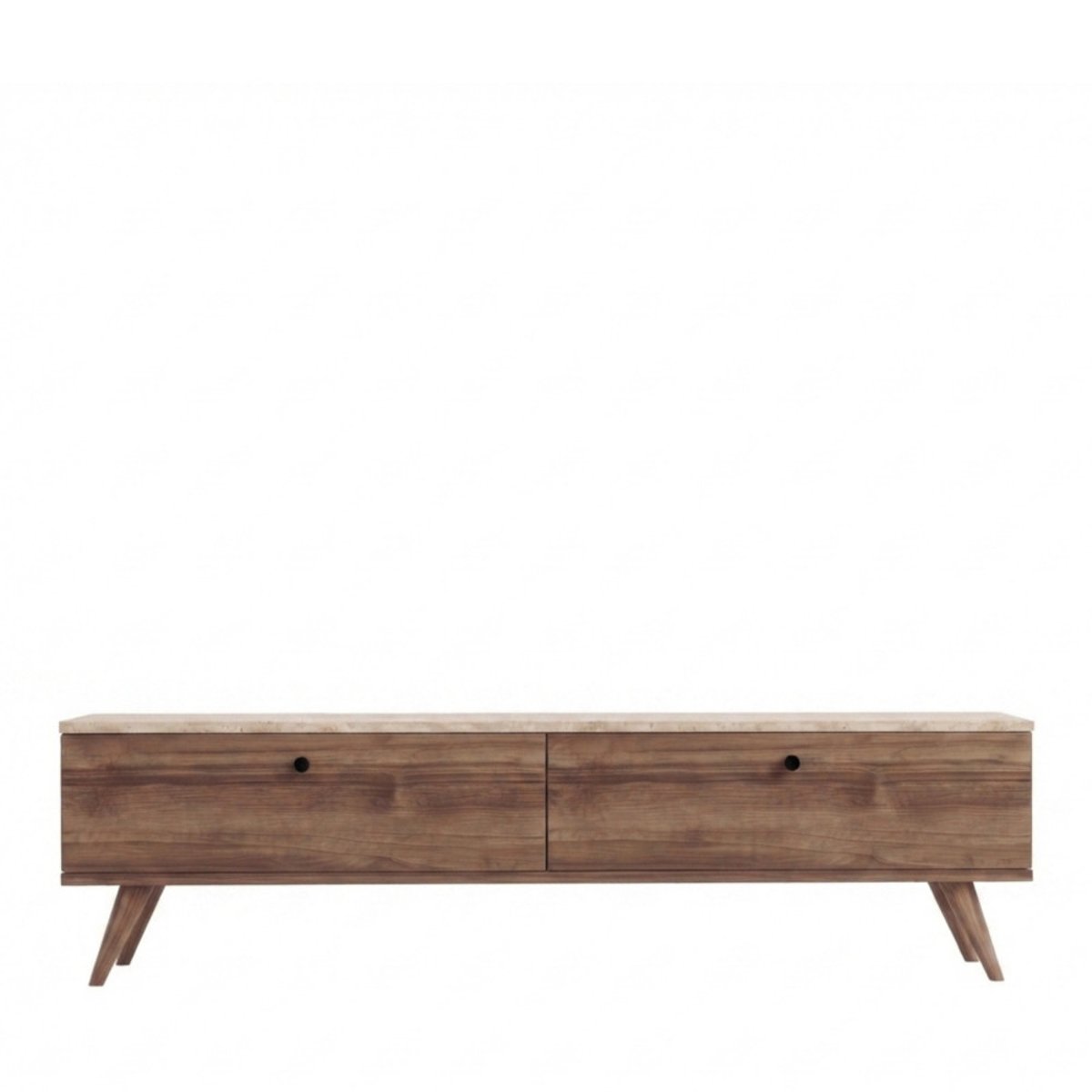 Meuble TV 2 portes plateau effet travertin et bois L160cm- YARA bois foncé, DRAWER
