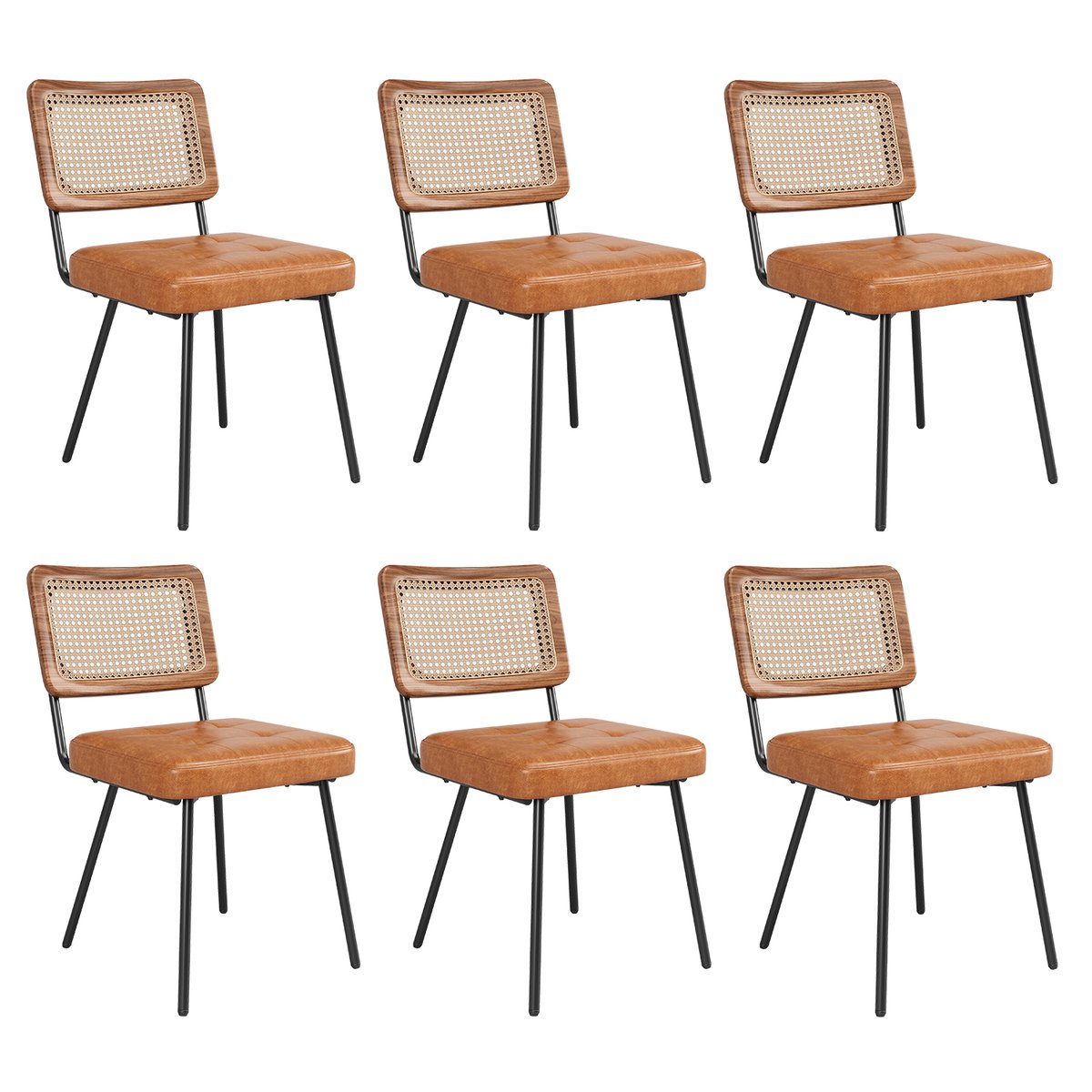 Lot de 6 chaises de salle à manger en simili cuir avec dossier en rotin PE style rétro moderne, KAROMIR marron, MEUBLES COSY