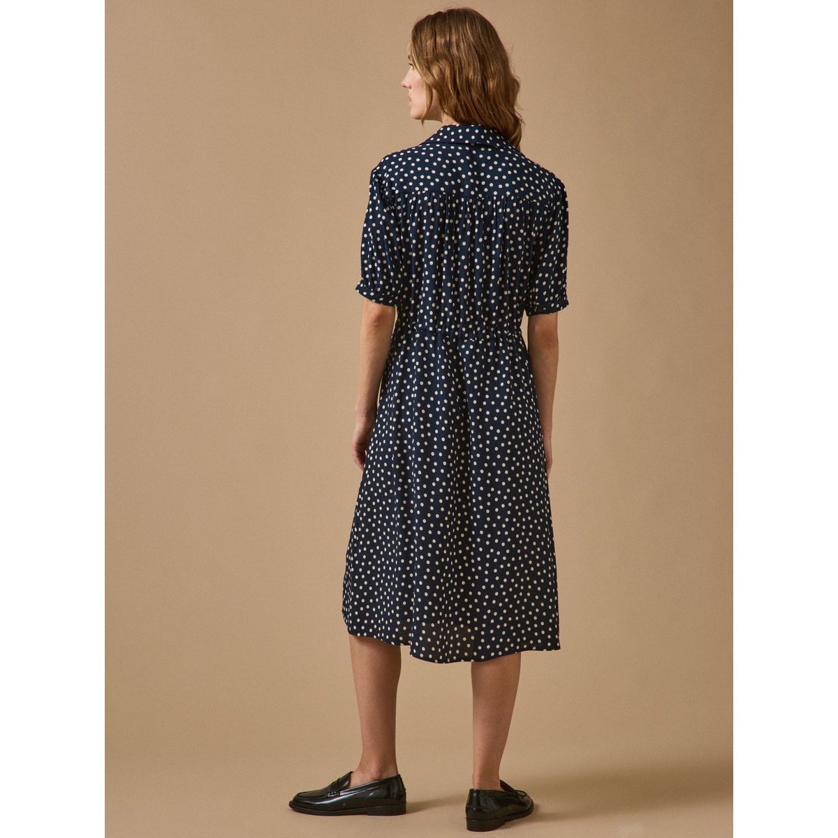 Robe sous genoux  imprimé pois pois ecru fond encre, CYRILLUS