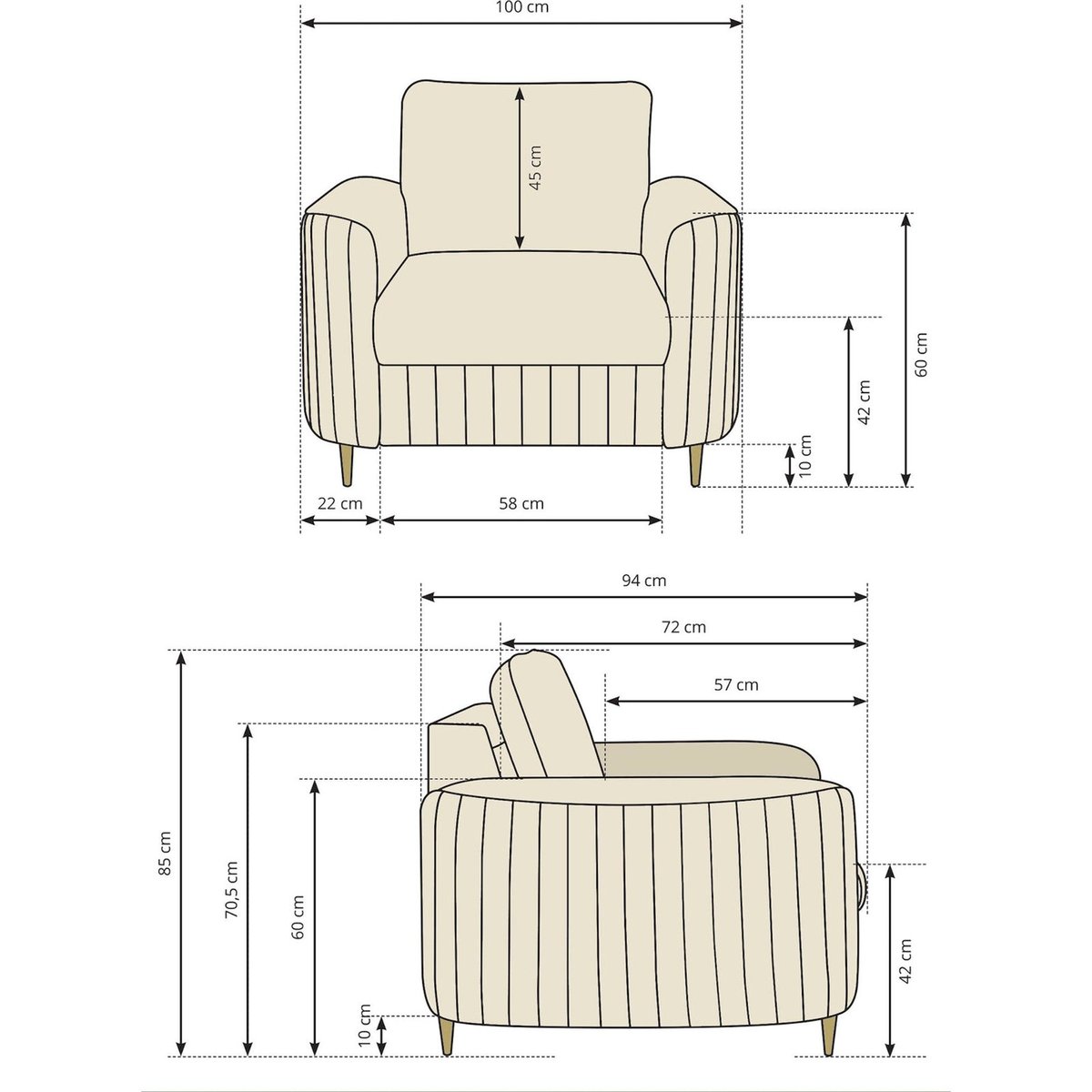 Fauteuil cabriolet en velours PANTANO beige clair, RECOLLECTION