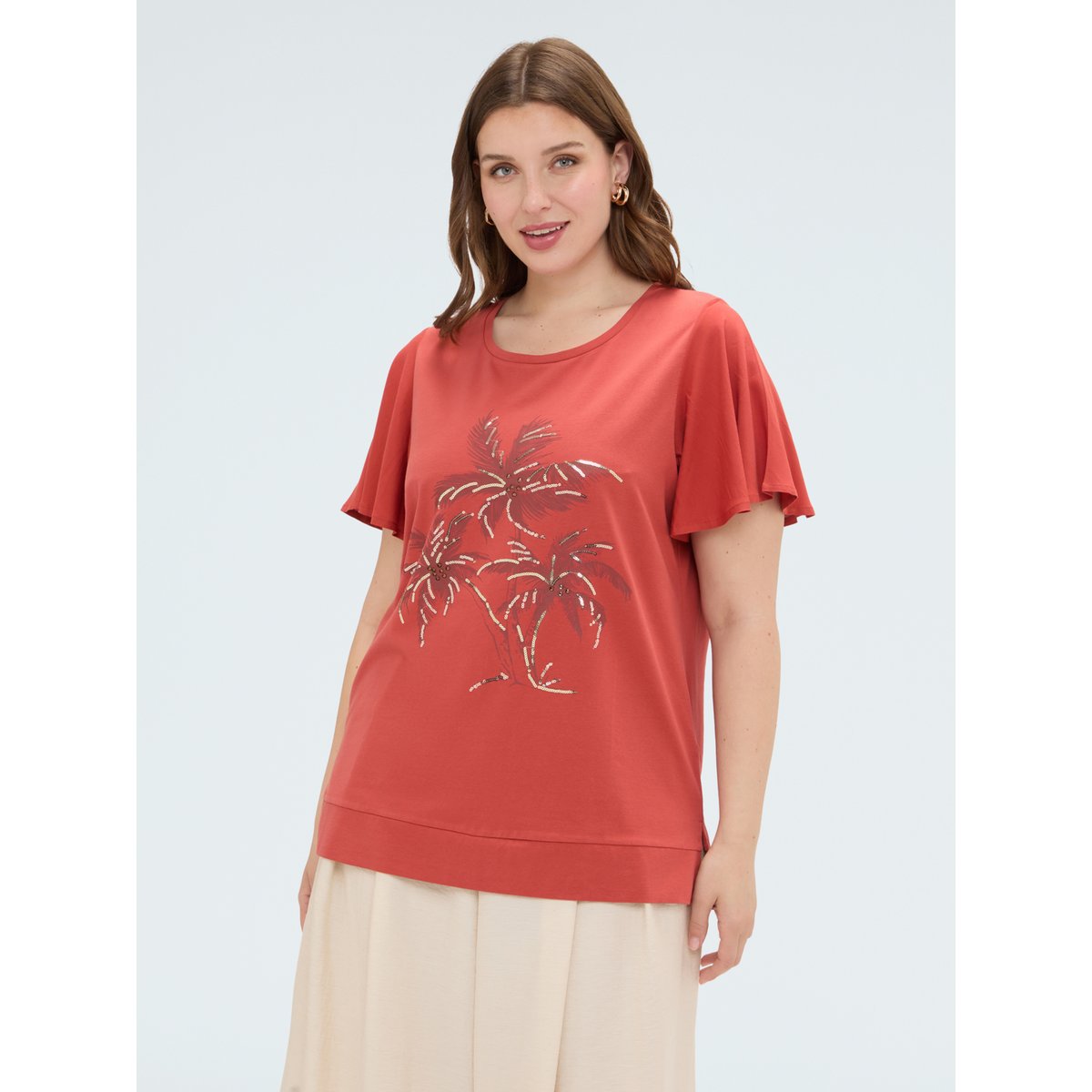 T-shirt avec imprimé et paillettes orange soleil, FIORELLA RUBINO