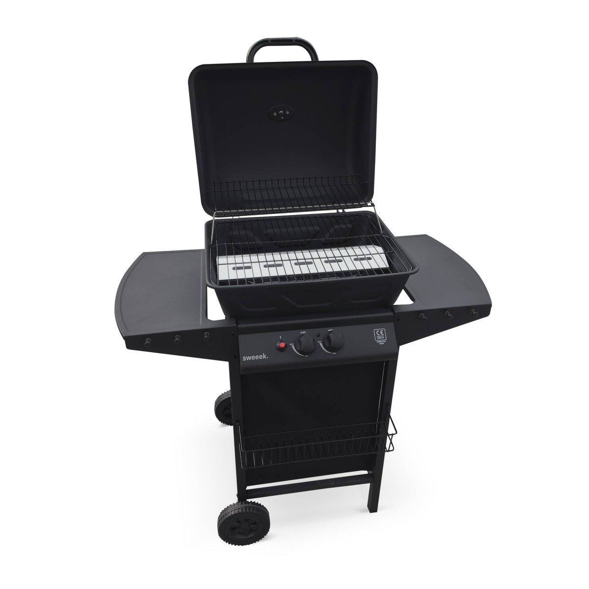 Barbecue gaz 2 brûleurs avec roues, tablettes et thermomètre ARAMIS noir, SWEEEK