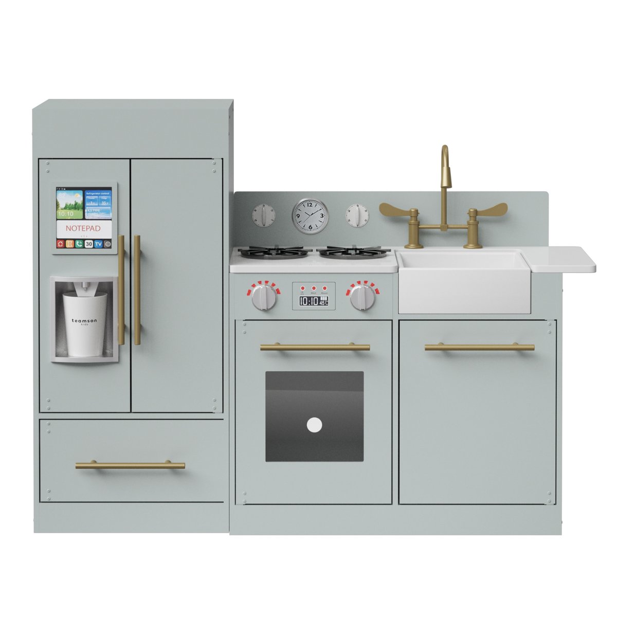 Cuisine Enfant avec évier, four, frigo et jeux, Bois, LITTLE CHEF gris, TEAMSON KIDS