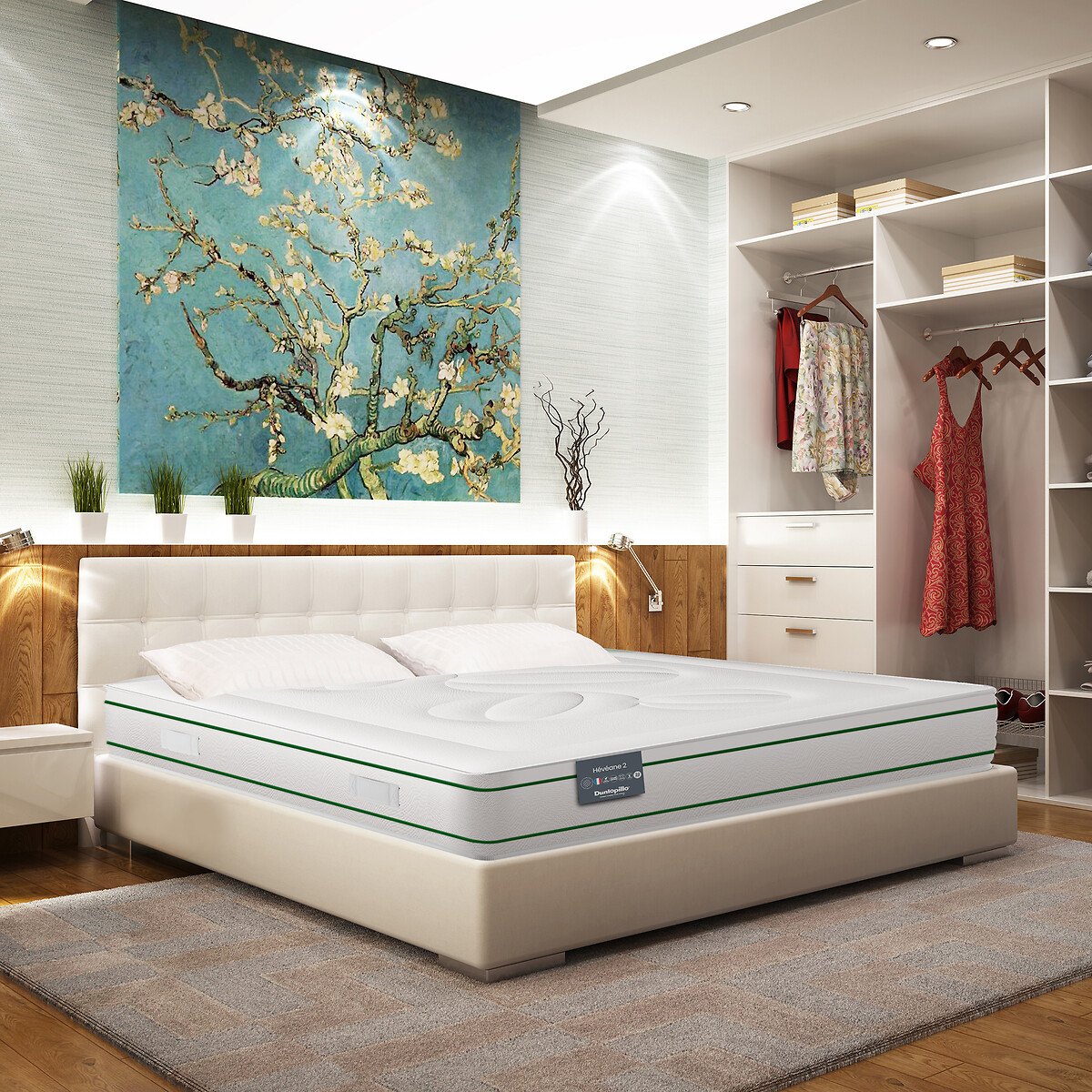 Matelas Heveane 100% latex ferme 5 zones H22 cm blanc, DUNLOPILLO