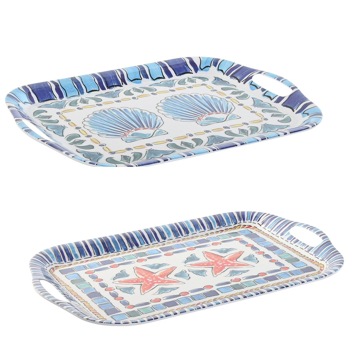 Set de 2 plateaux de service mélaminés esprit marin 40.5x29x2.5cm vert, WADIGA