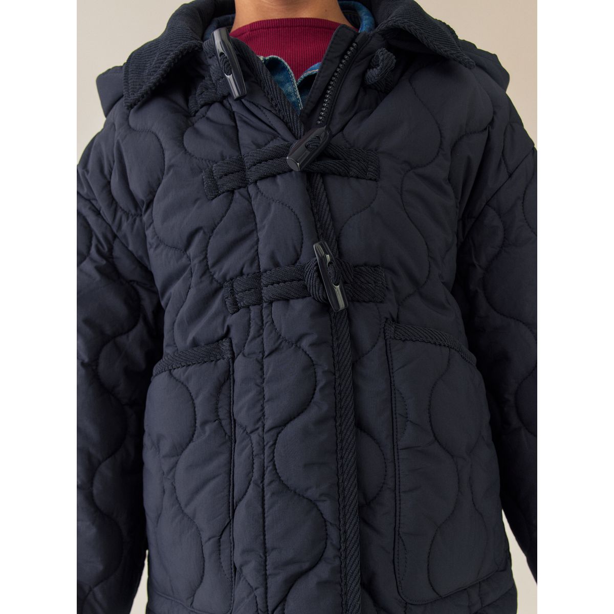 Duffle-coat déperlant à col en velours côtelé bleu marine, NEXT