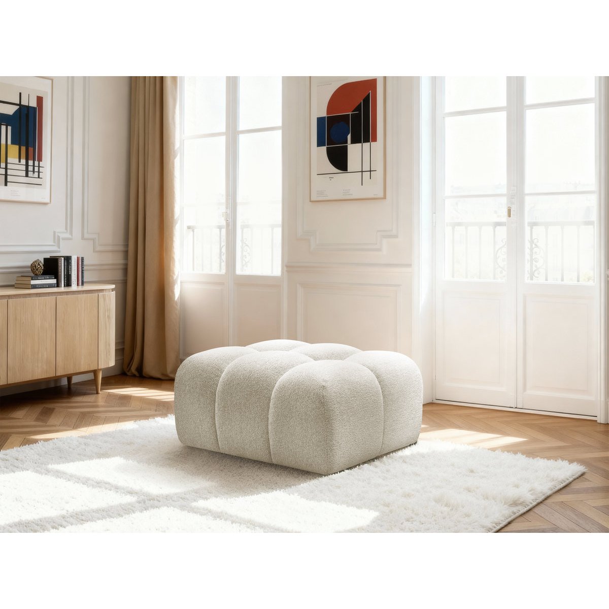 Pouf tissu chiné, MELISSE blanc, BOBOCHIC