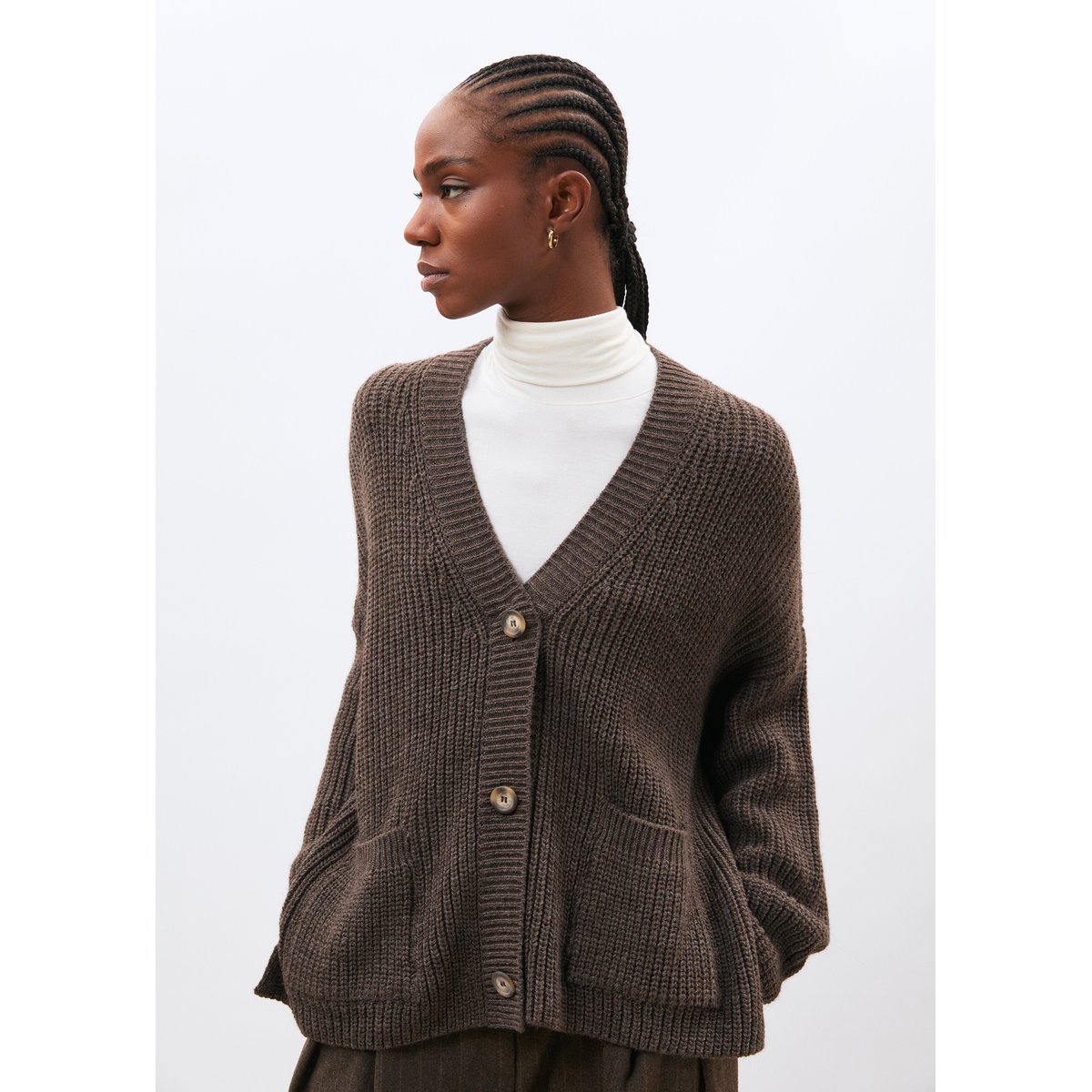 Cardigan manches longues col V taupe, HUMILITY