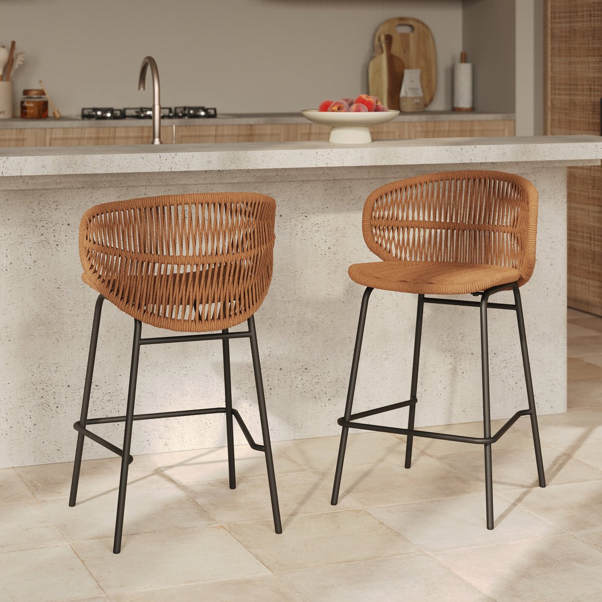 Lot de 2 chaises pour îlot central de jardin 65 cm en rotin synthétique - LARA marron clair, MAISON PAVANE