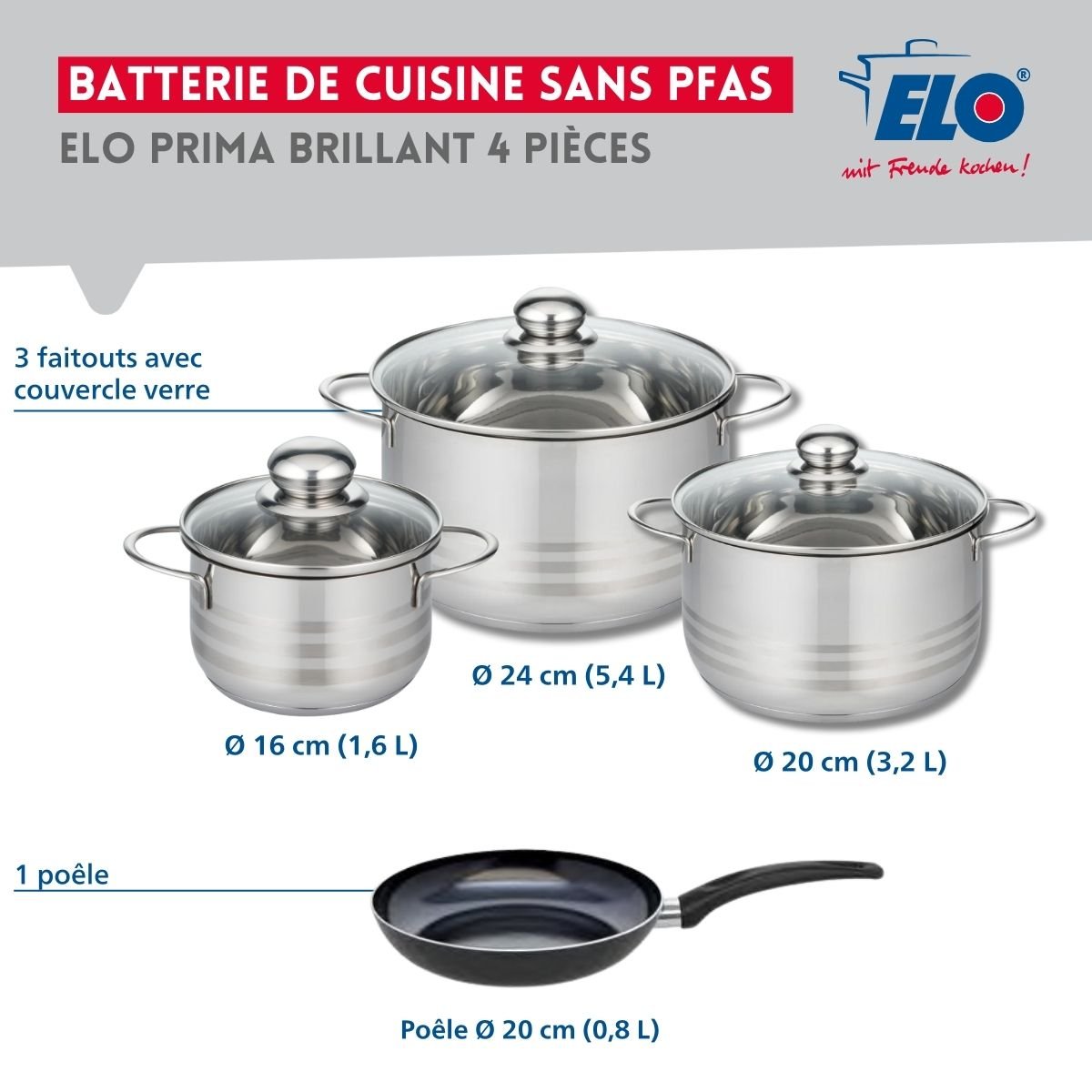 Batterie 1 poêle 20cm + 3 faitouts 16/20/24cm PRIMA BRILLANT noir, ELO