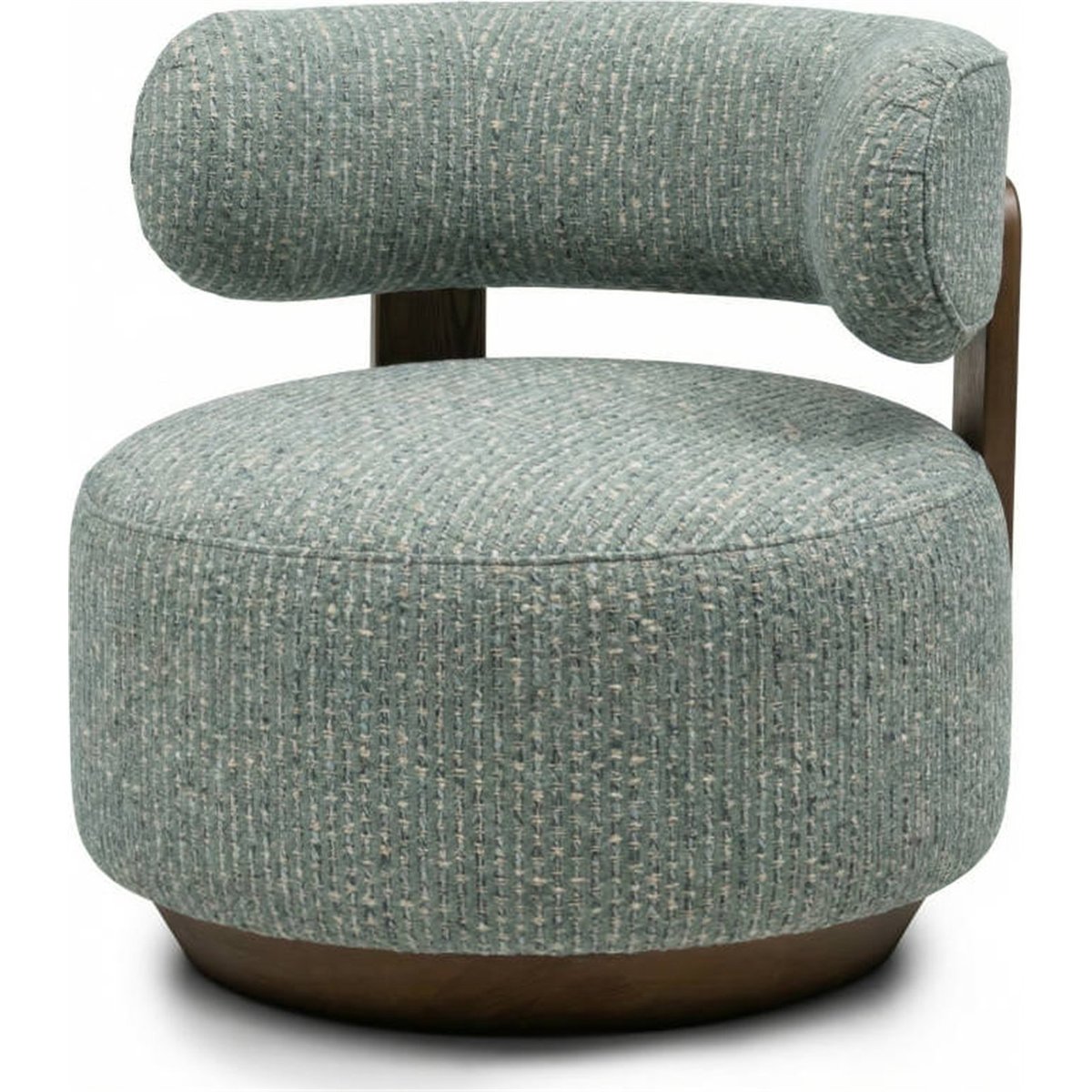 Fauteuil lounge arrondi tissu et noyer bleu beige et noyer, RECOLLECTION