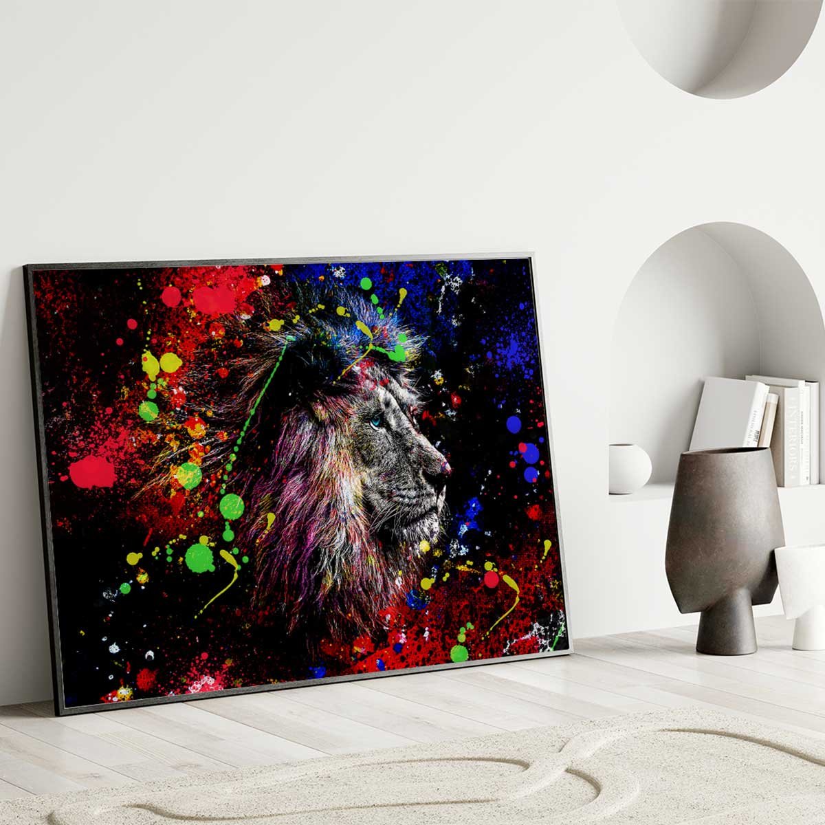Affiche encadrée lion pop art affiche + cadre en métal - noir, HEXOA