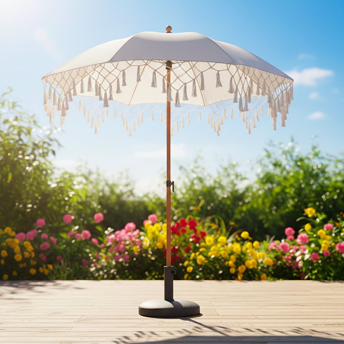 Parasol blanc avec frange 180x180x215cm blanc, WADIGA