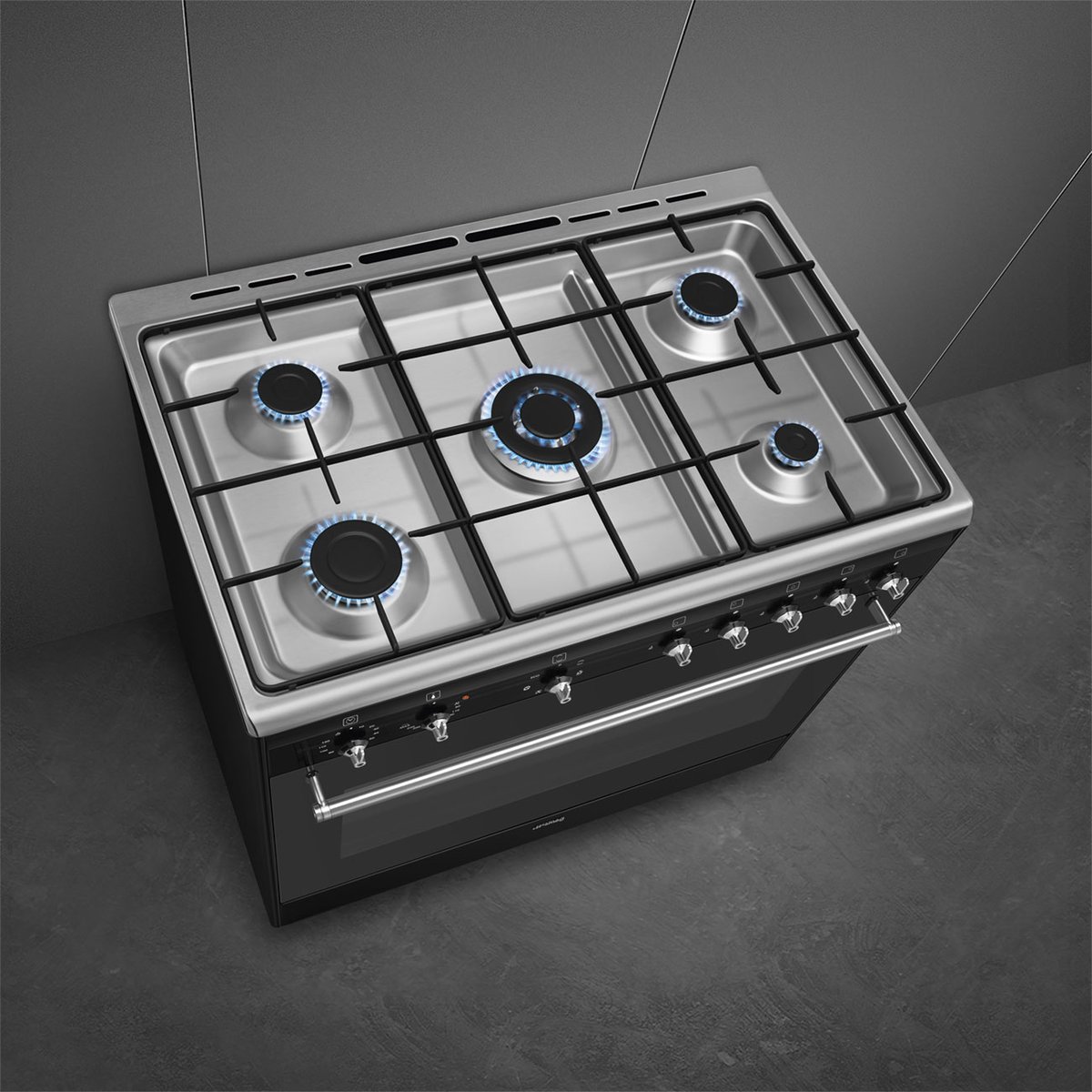 Piano de cuisson gaz 5 feux 90 cm noir brillant, SMEG