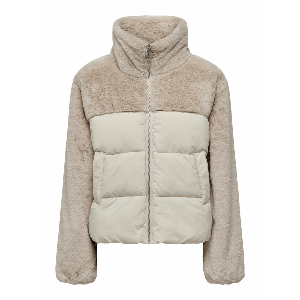 Short Padded Jacket in Teddy Faux Fur with Zip Fastening and High Neck beige, ONLY