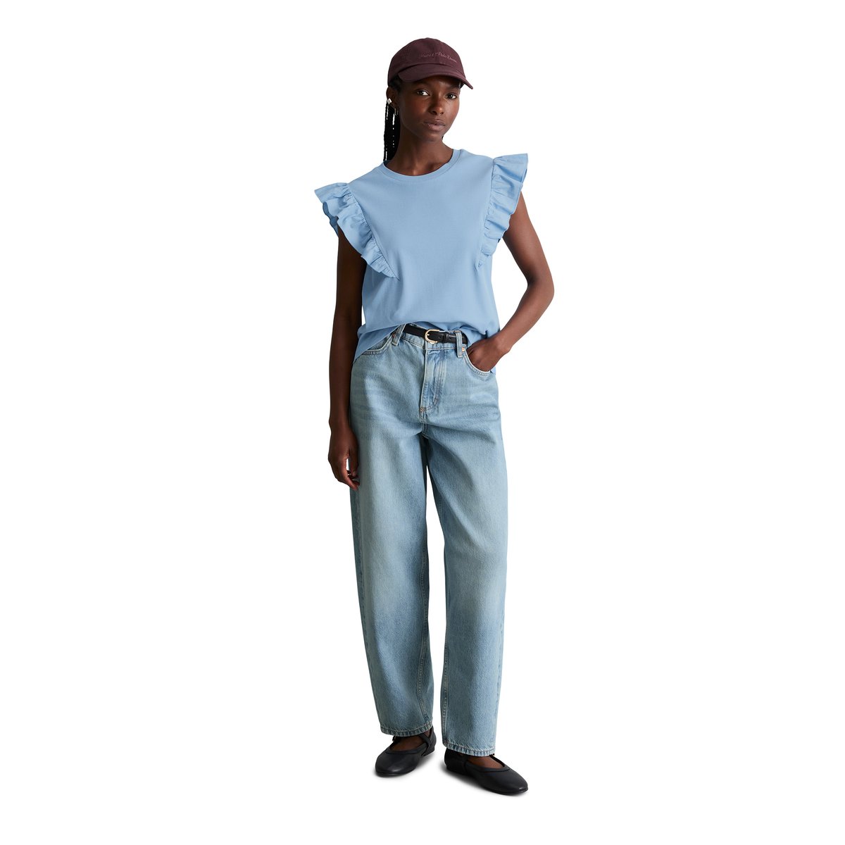 Top à volants sans manches regular en jersey côtelé doux bleu moyen, MARC O’POLO DENIM