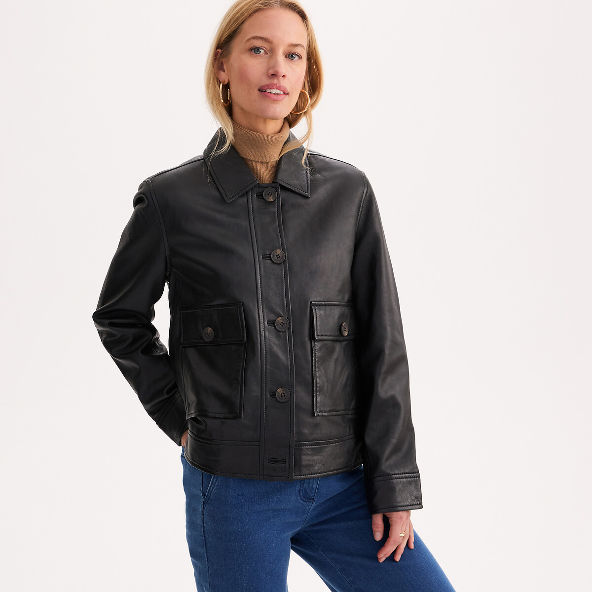 Blouson court cuir de mouton, fermeture boutonnée marron, ANNE WEYBURN