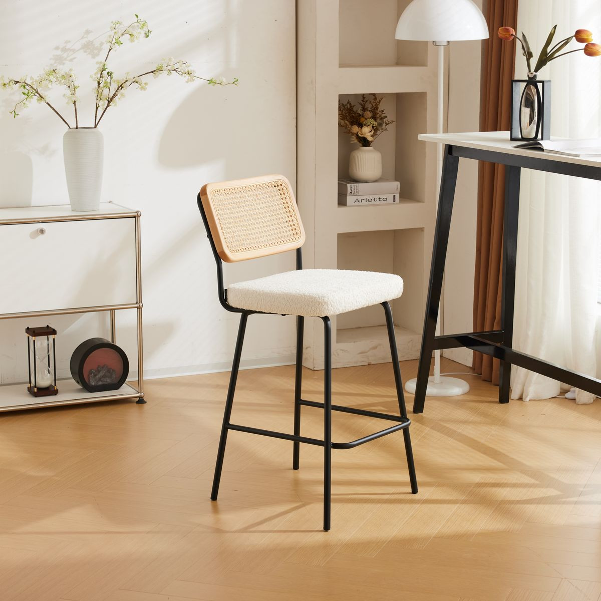 Lot de 2 chaises de bar en cannage et tissu bouclé, piètement noir - MUSE beige, HOMIFAB