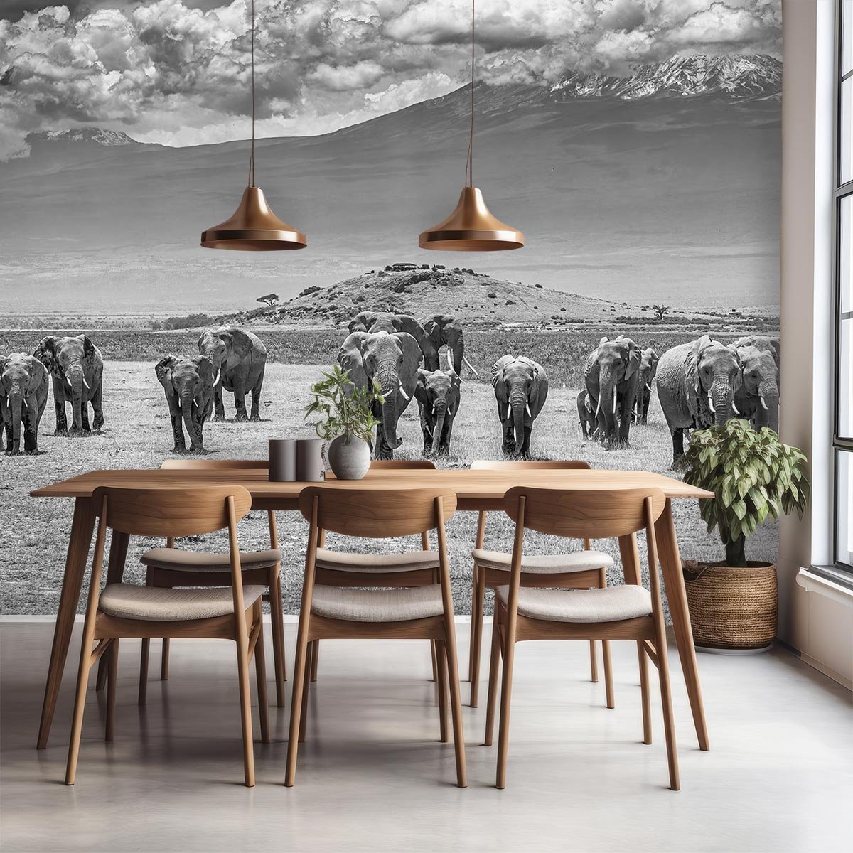 Papier peint éléphants devant le Kilimanjaro intissé, HEXOA