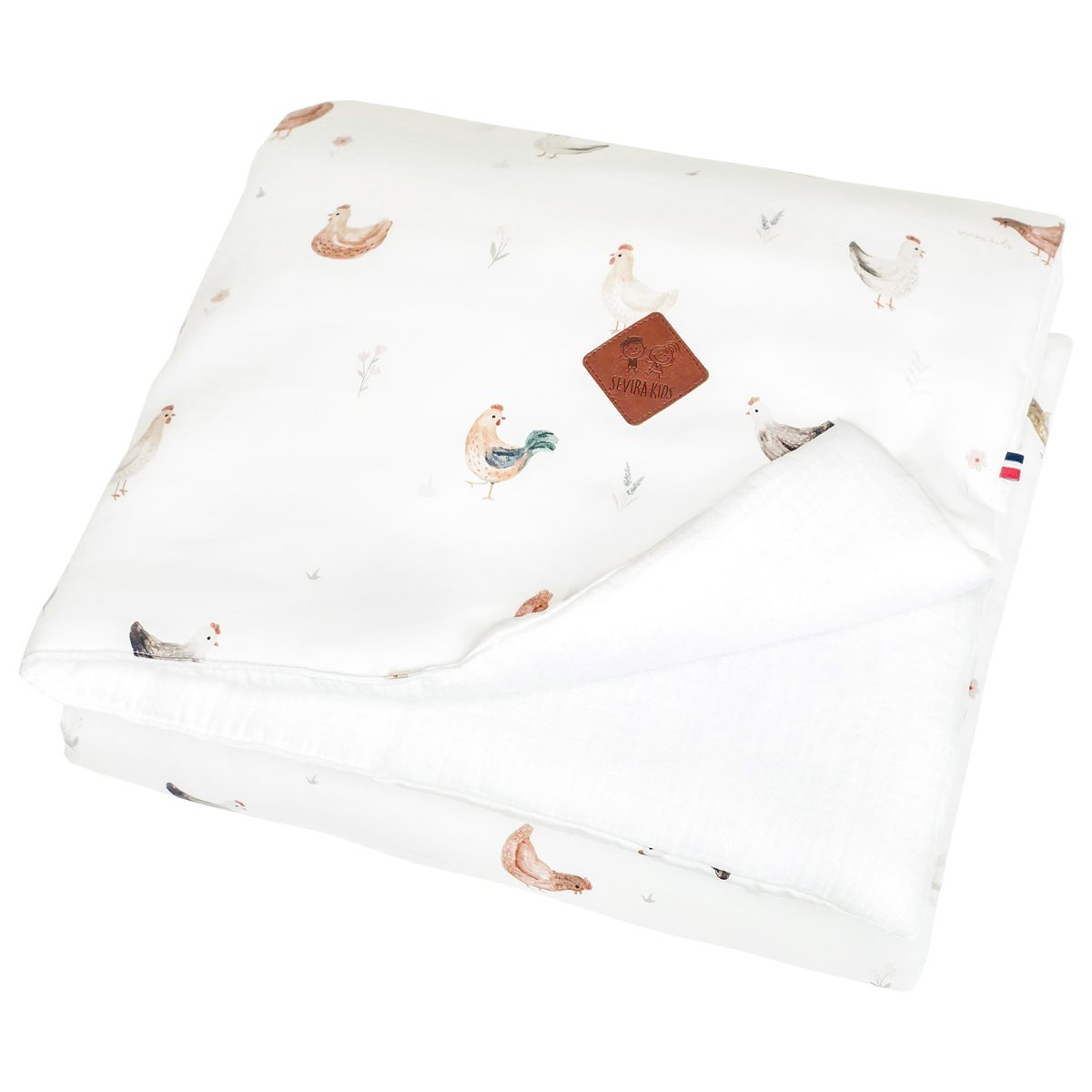 Couverture réversible en satin de coton GALLINA écru – motif poules champêtre, SEVIRA KIDS