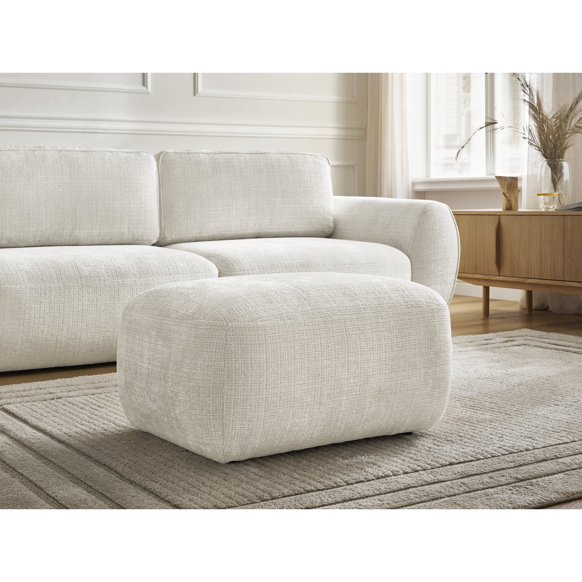 Canapé droit convertible 3 places en tissu texturé avec pouf, DENISE blanc, BOBOCHIC