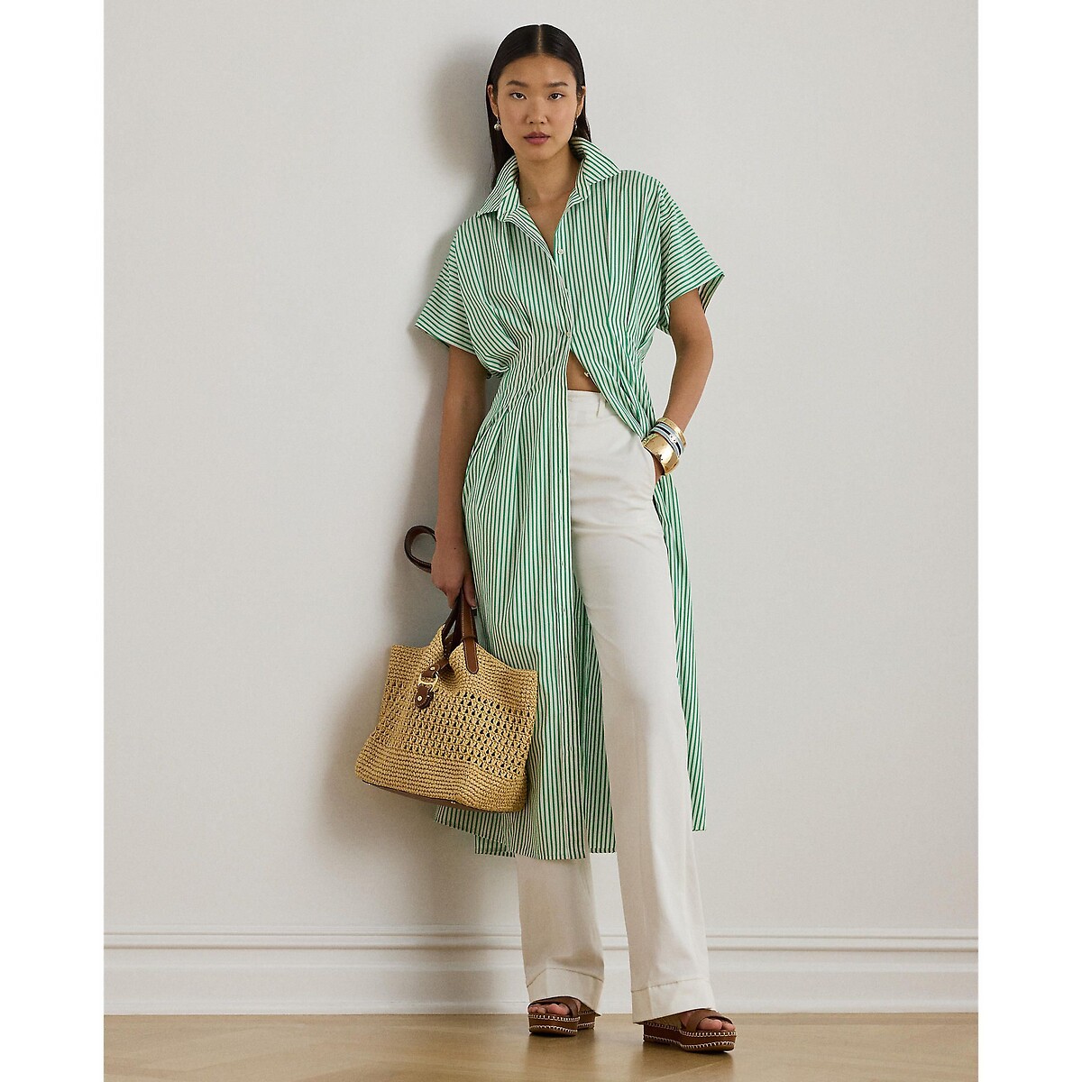 Vestido camisero midi de manga corta con estampado a rayas, RUSHANIA rayas verde/blanco, LAUREN RALPH LAUREN