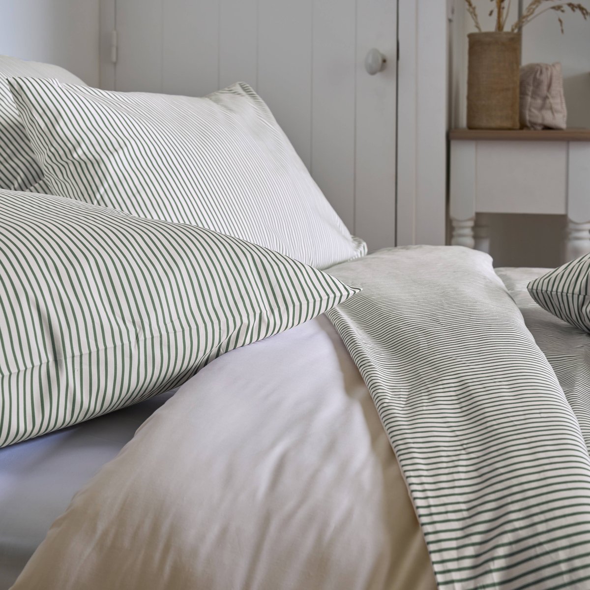 Parure de lit percale - AULNE rayures vertes, CAMIF