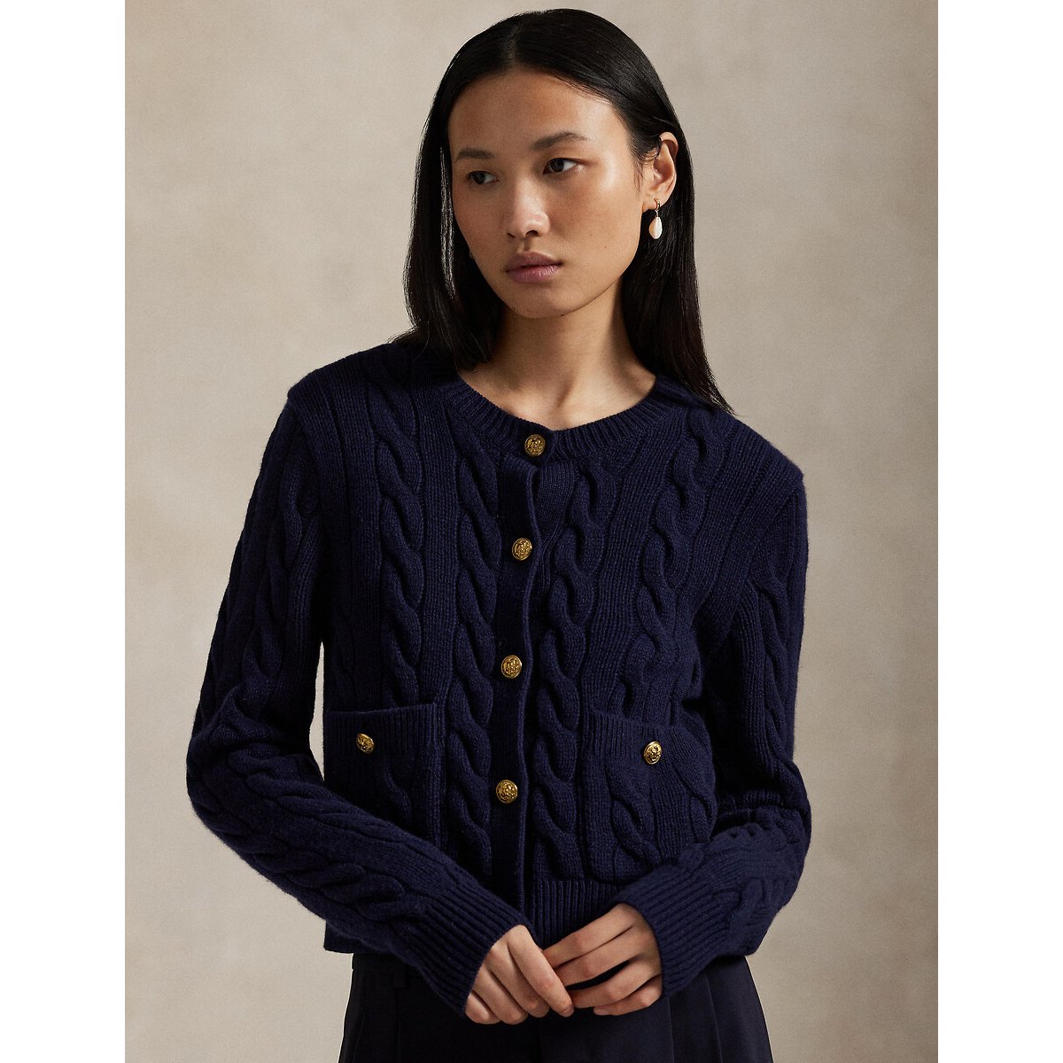 Cárdigan de cuello redondo con punto trenzado, 80% lana, 20% cachemira azul marino, POLO RALPH LAUREN