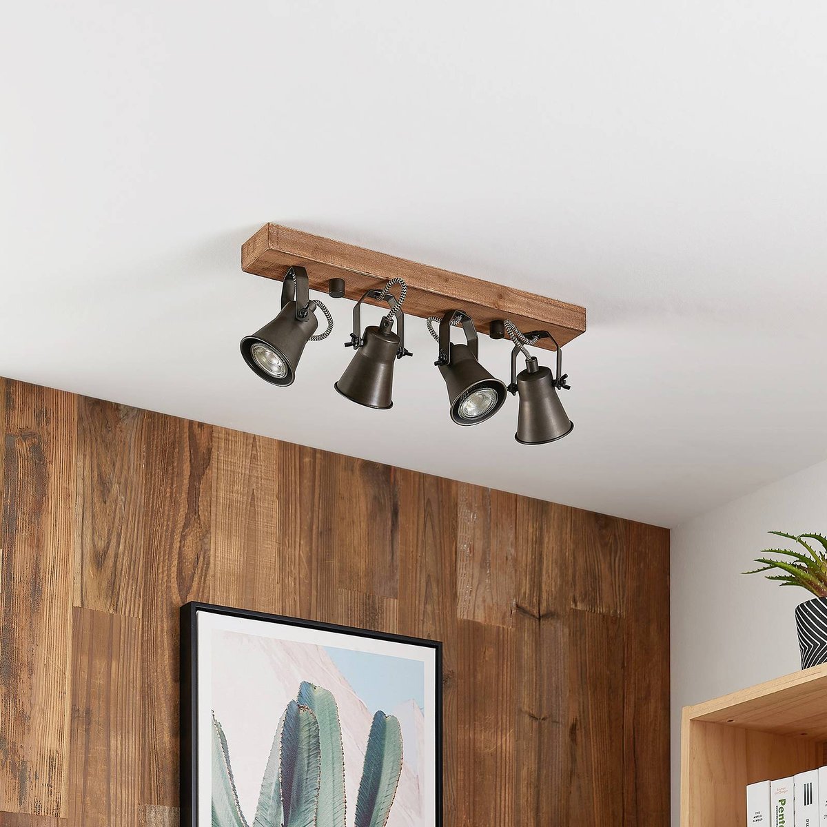Projecteur halogène en bois vintage marron, noir, LINDBY