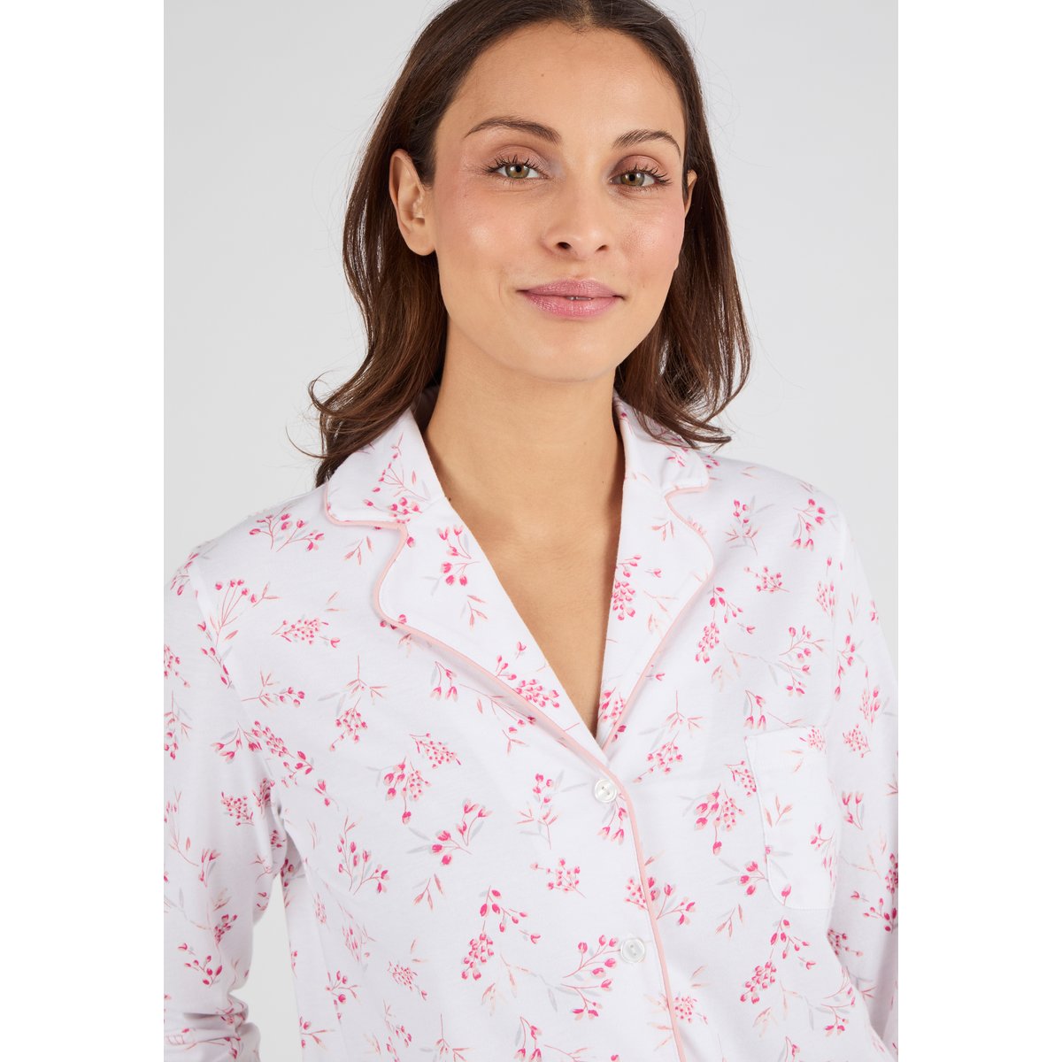 Pyjama en maille jersey pur coton rose fleuri, DAMART