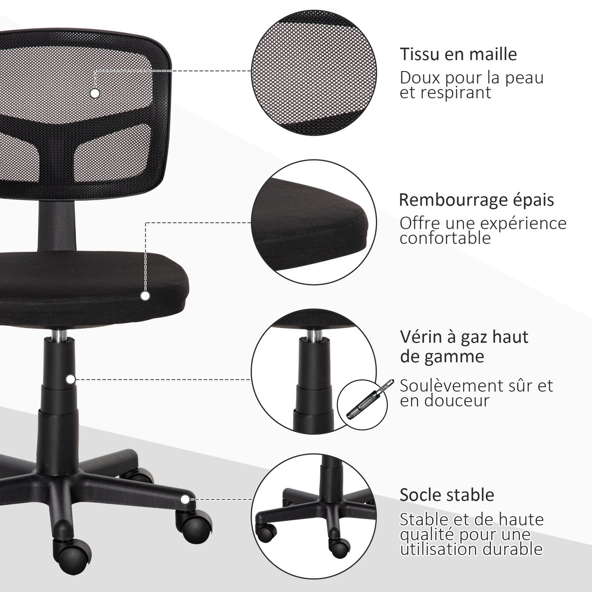 Chaise de bureau Maille (100% polyester) Noir noir, HOMCOM